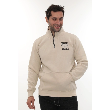 Erkek Bej Standart Fit Normal Kesim Içi Polarlı Yarım Fermuarlı Dik Bato Yaka Pamuklu Sweatshirt