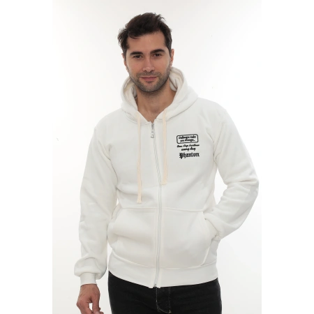 Erkek Beyaz Standart Fit Normal Kesim Içi Polarlı Tam Fermuarlı Kapüşonlu Pamuklu Sweatshirt