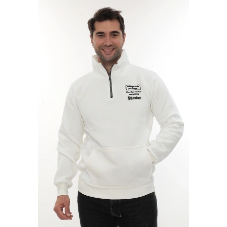 Erkek Beyaz Standart Fit Normal Kesim Içi Polarlı Yarım Fermuarlı Dik Bato Yaka Pamuklu Sweatshirt