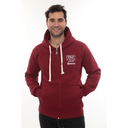 Erkek Bordo Standart Fit Normal Kesim Içi Polarlı Tam Fermuarlı Kapüşonlu Pamuklu Sweatshirt