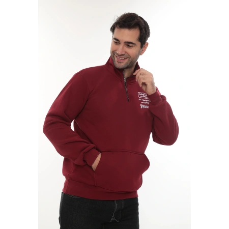 Erkek Bordo Standart Fit Normal Kesim Içi Polarlı Yarım Fermuarlı Dik Bato Yaka Pamuklu Sweatshirt