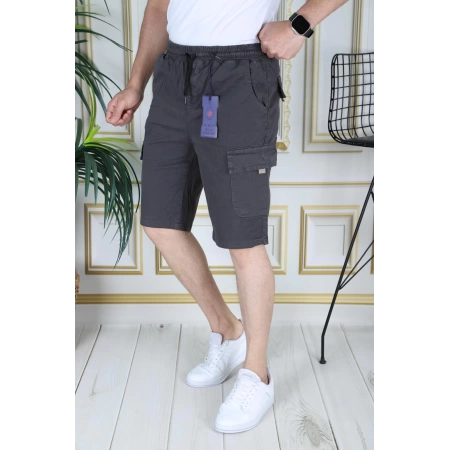 Erkek Füme Likralı Gabardin Şort Kargo Cepli Pamuklu Beli Lastikli Bağcıklı Basic Şort