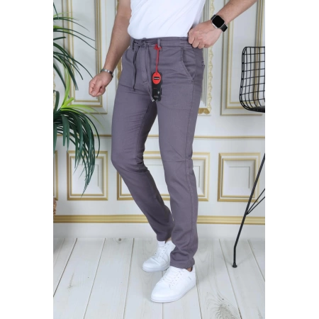 Erkek Füme Slim Fit Esnek Likralı Armürlü Keten Pantolon Bağcıklı Kemerli Beli Lastikli Şık Pantolon