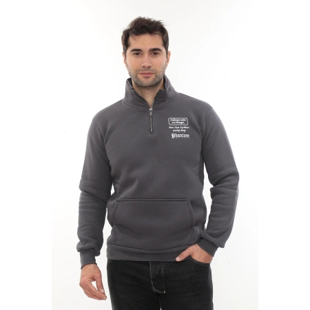 Erkek Füme Standart Fit Normal Kesim Içi Polarlı Yarım Fermuarlı Dik Bato Yaka Pamuklu Sweatshirt