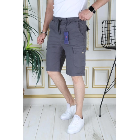 Erkek Gri Likralı Gabardin Şort Kargo Cepli Pamuklu Beli Lastikli Bağcıklı Basic Şort