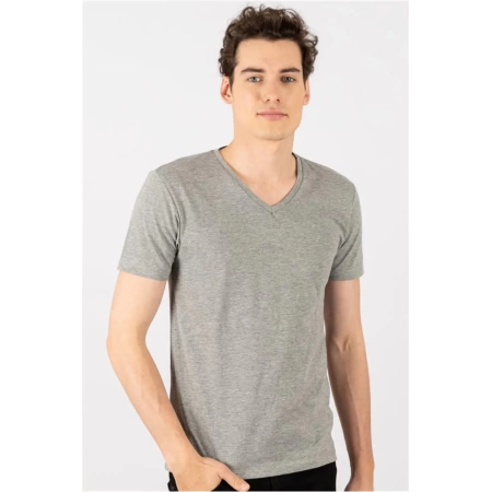Erkek Gri Likralı Şık Pamuklu Yumuşak Dokulu Slim Fit Dar Kesim V Yaka Basic Tişört