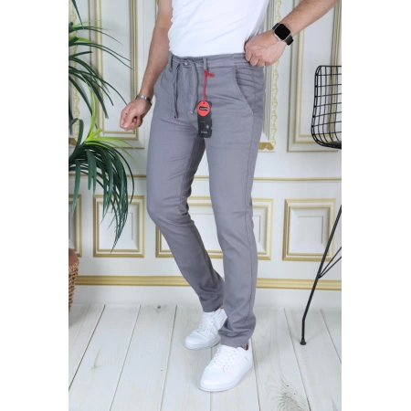 Erkek Gri Slim Fit Esnek Likralı Armürlü Keten Pantolon Bağcıklı Kemerli Beli Lastikli Şık Pantolon