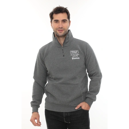 Erkek Gri Standart Fit Normal Kesim Içi Polarlı Yarım Fermuarlı Dik Bato Yaka Pamuklu Sweatshirt