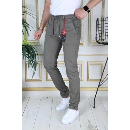 Erkek Haki Slim Fit Esnek Likralı Armürlü Keten Pantolon Bağcıklı Kemerli Beli Lastikli Şık Pantolon