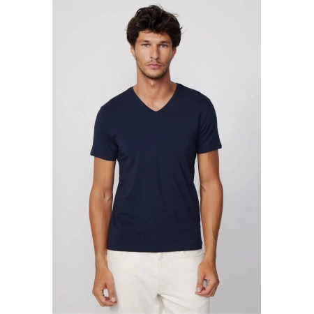 Erkek Lacivert Likralı Şık Pamuklu Yumuşak Dokulu Slim Fit Dar Kesim V Yaka Basic Tişört