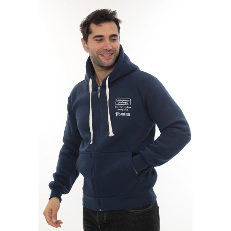 Erkek Mavi Standart Fit Normal Kesim Içi Polarlı Tam Fermuarlı Kapüşonlu Pamuklu Sweatshirt