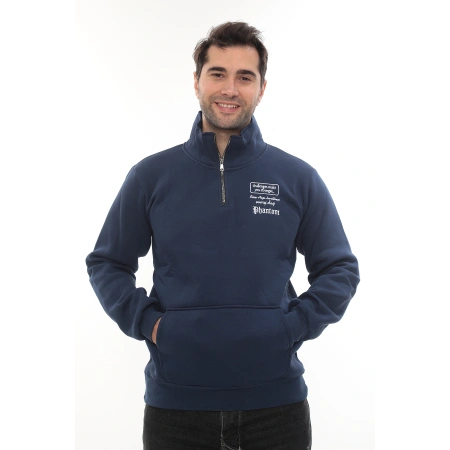 Erkek Mavi Standart Fit Normal Kesim Içi Polarlı Yarım Fermuarlı Dik Bato Yaka Pamuklu Sweatshirt