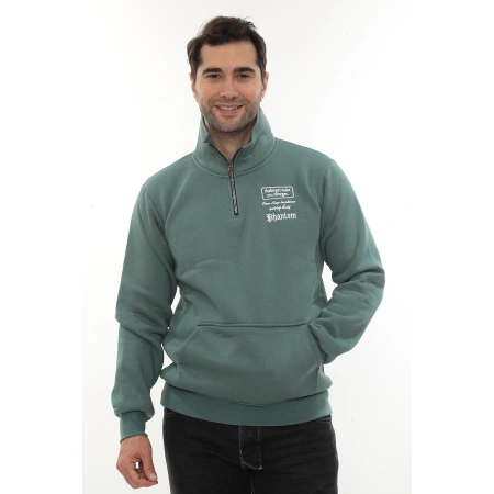 Erkek Petrol Standart Fit Normal Kesim Içi Polarlı Yarım Fermuarlı Dik Bato Yaka Pamuklu Sweatshirt