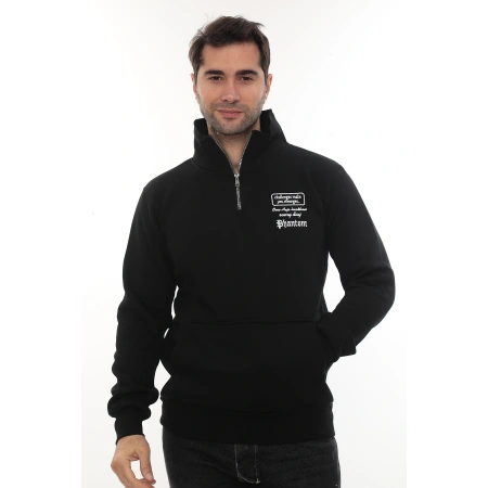Erkek Siyah Standart Fit Normal Kesim Içi Polarlı Yarım Fermuarlı Dik Bato Yaka Pamuklu Sweatshirt