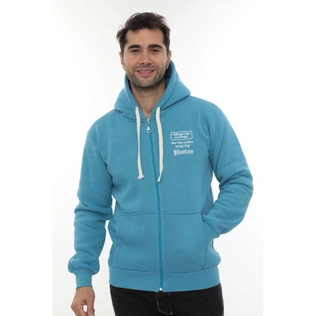 Erkek Turkuaz Standart Fit Normal Kesim Içi Polarlı Tam Fermuarlı Kapüşonlu Pamuklu Sweatshirt