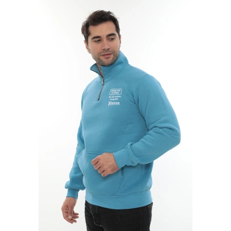 Erkek Turkuaz Standart Fit Normal Kesim Içi Polarlı Yarım Fermuarlı Dik Bato Yaka Pamuklu Sweatshirt