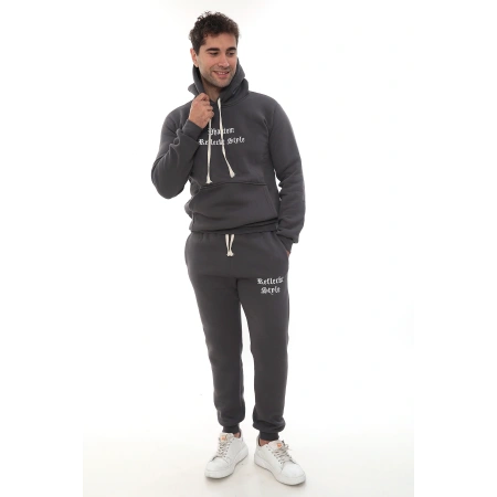Füme Şık İçi Polarlı Erkek Eşofman Takımı Paça Lastikli Cepli Kapüşonlu Nakış Detaylı Compact Takım