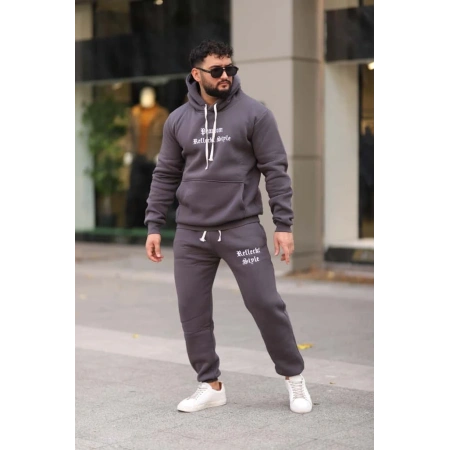 Füme Şık İçi Polarlı Erkek Eşofman Takımı Paça Lastikli Cepli Kapüşonlu Nakış Detaylı Compact Takım