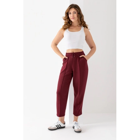Kadın Bordo Renk Beli Lastikli Modal Kumaş Çımalı Bilek Pantolon Yumuşak Dokulu Şık Bağcıklı Pantolon