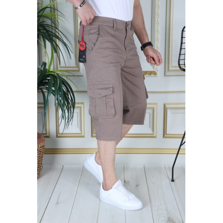 Kahverengi Erkek Slim Fit Kapri Likralı Gabardin/Kanvas Kargo Cepli Bermuda Şort