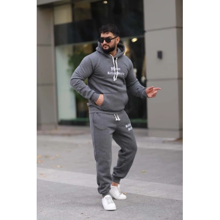 Koyu Gri Melanj Polarlı Erkek Eşofman Takımı Paça Lastikli Cepli Kapüşonlu Nakış Detaylı Compact Takım
