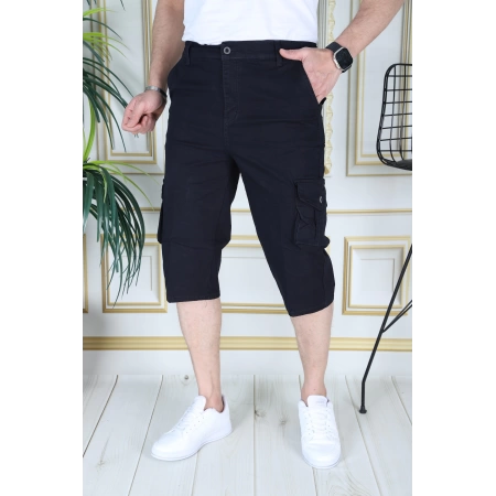 Lacivert Erkek Slim Fit Kapri Likralı Gabardin/Kanvas Kargo Cepli Bermuda Şort
