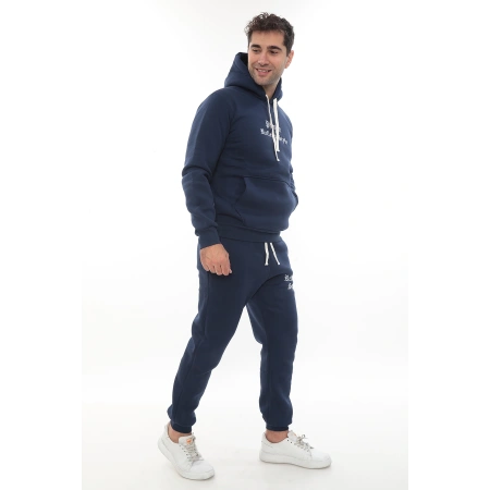 Mavi Şık İçi Polarlı Erkek Eşofman Takımı Paça Lastikli Cepli Kapüşonlu Nakış Detaylı Compact Takım