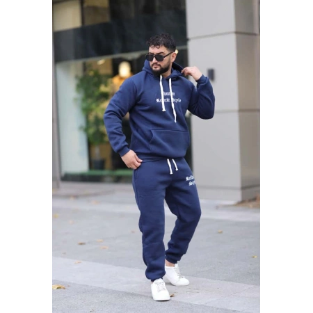 Mavi Şık İçi Polarlı Erkek Eşofman Takımı Paça Lastikli Cepli Kapüşonlu Nakış Detaylı Compact Takım