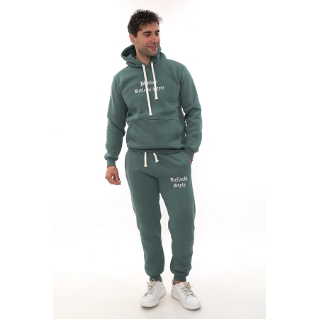 Petrol Şık İçi Polarlı Erkek Eşofman Takımı Paça Lastikli Cepli Kapüşonlu Nakış Detaylı Compact Takım