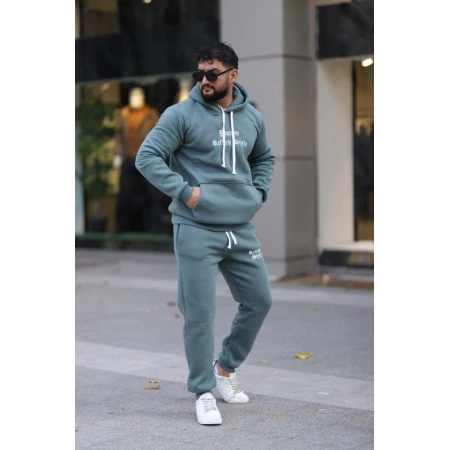 Petrol Şık İçi Polarlı Erkek Eşofman Takımı Paça Lastikli Cepli Kapüşonlu Nakış Detaylı Compact Takım