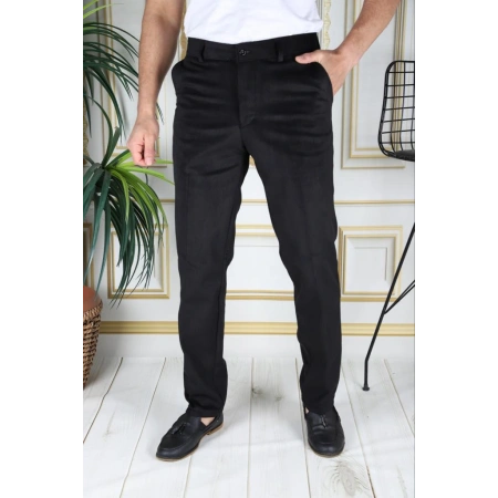 Siyah Polarlı Kadife Pantolon Esnek Kalın Fitil Klasik Kesim Yan Cepli Astarlı Phantom Jeans