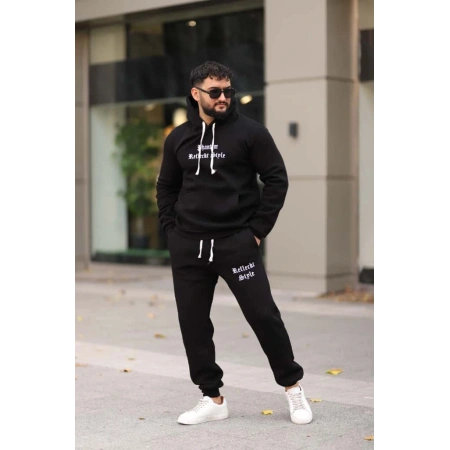 Siyah Şık İçi Polarlı Erkek Eşofman Takımı Paça Lastikli Cepli Kapüşonlu Nakış Detaylı Compact Takım
