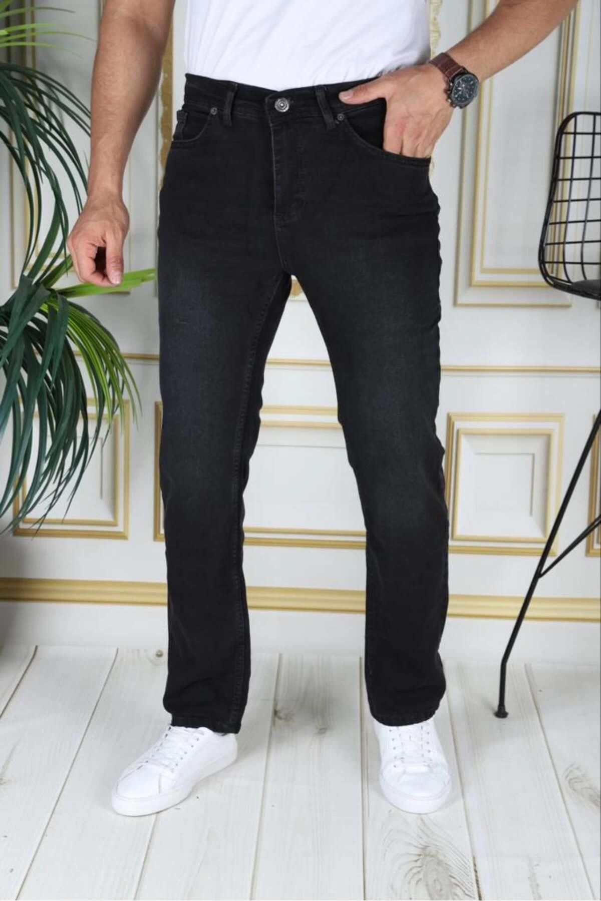 Erkek Füme/gri Regular Fit Kot Pantolon Likralı Esnek Jean Battal Boru Paça Phantom Jeans