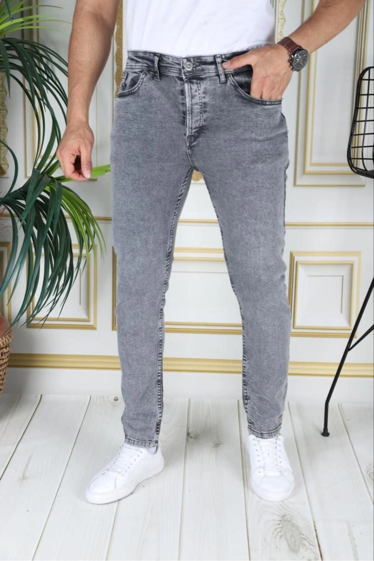 Erkek Gri Jean Likralı Denim Esnek Slim Fit Kot Pantolon Phantom Jeans Açık Gri Kot Pantolon