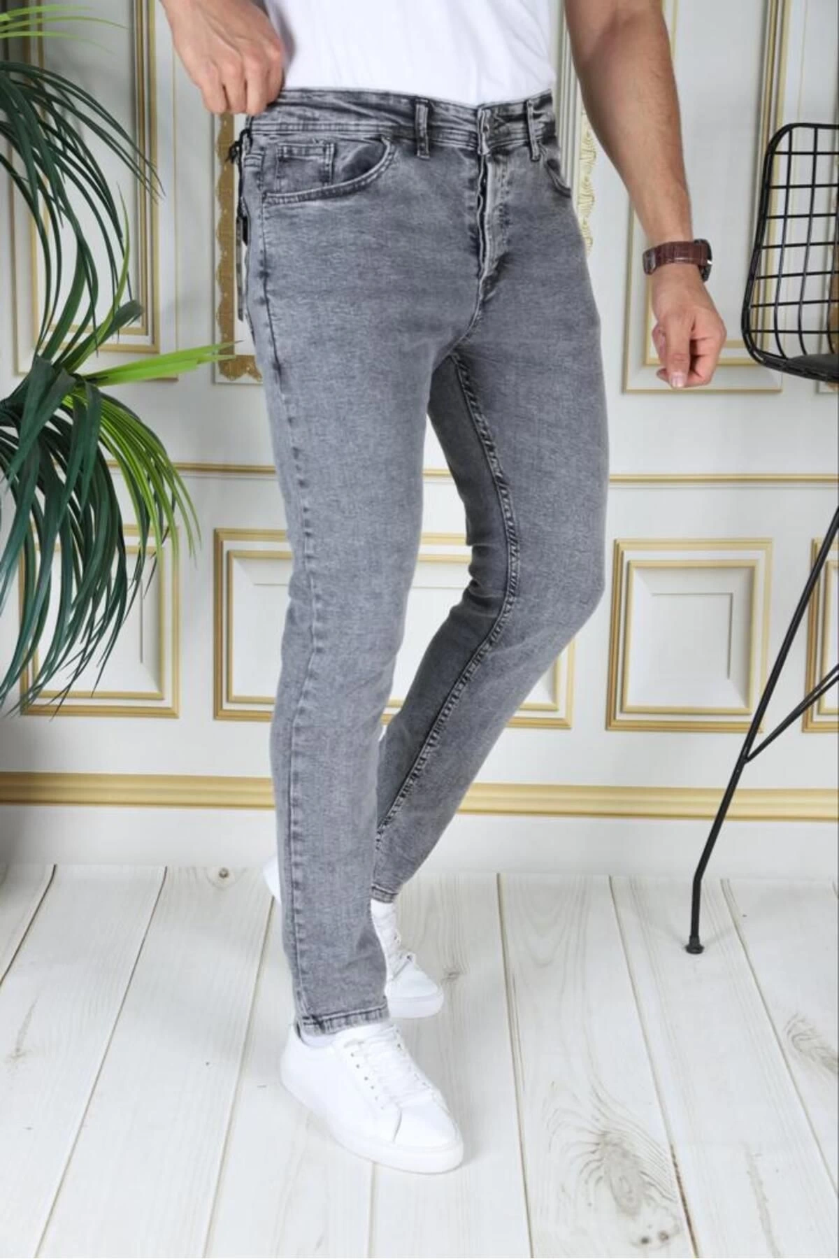 Erkek Gri Jean Likralı Denim Esnek Slim Fit Kot Pantolon Phantom Jeans Açık Gri Kot Pantolon