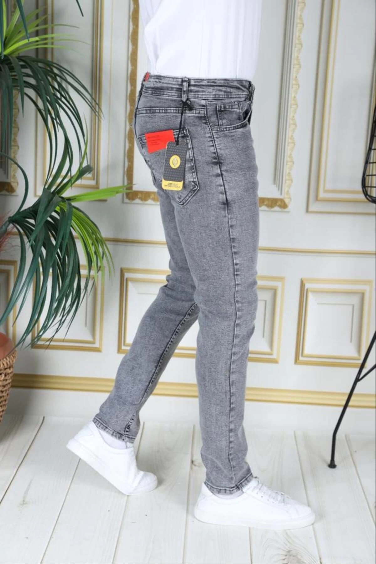Erkek Gri Jean Likralı Denim Esnek Slim Fit Kot Pantolon Phantom Jeans Açık Gri Kot Pantolon