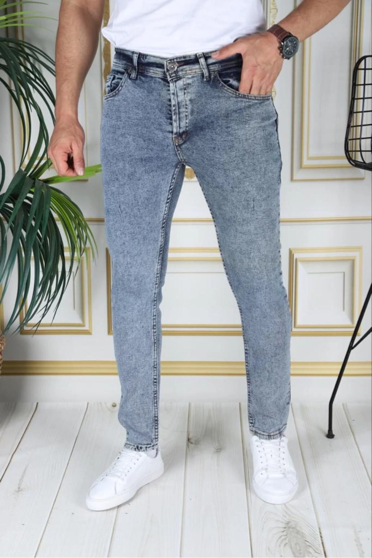 Phantom Jeans Kot Pantolon Slim Fit Dar Kesim Normal Bel Mavi Jean