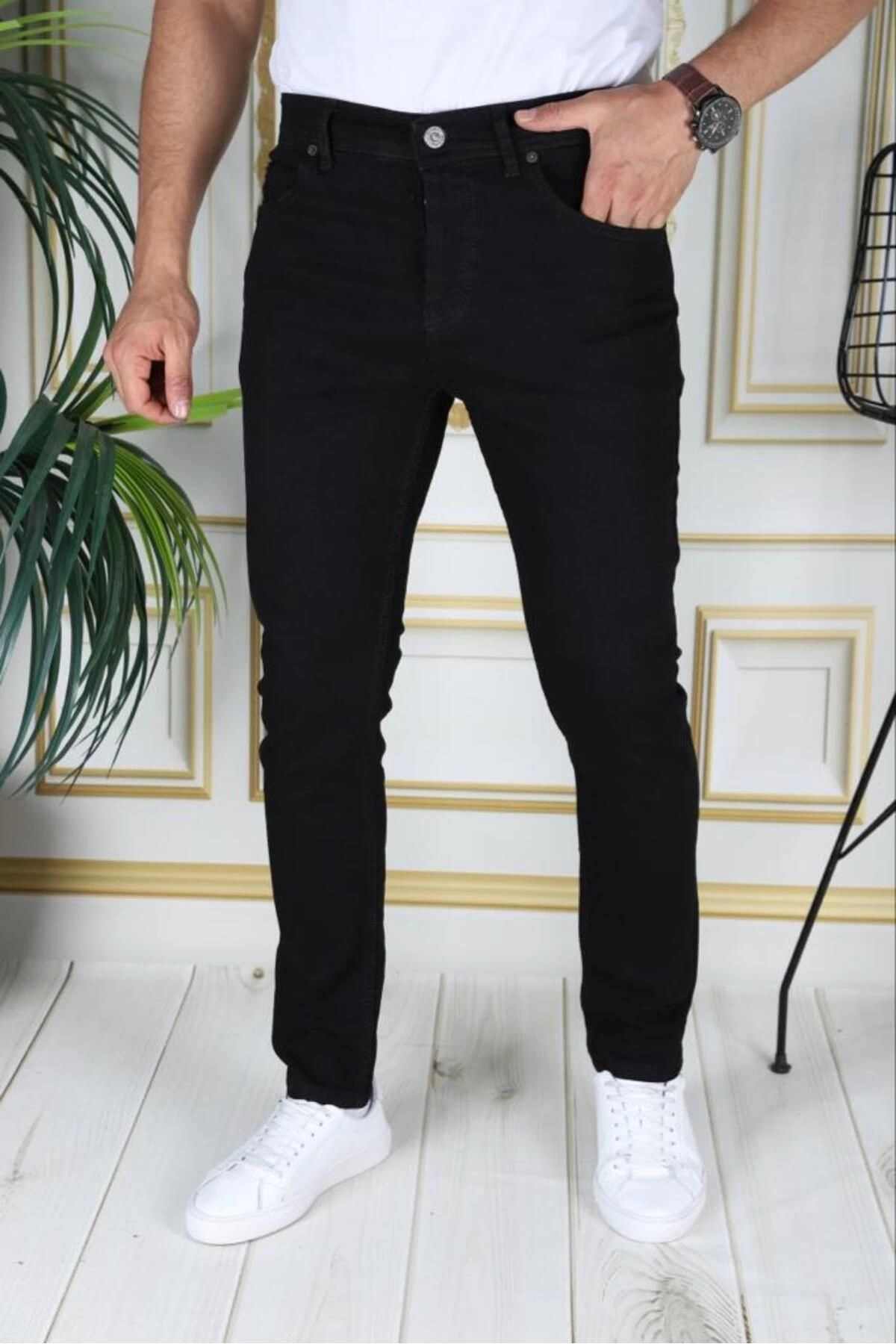 Siyah Slim Fit Likralı Erkek Kot Pantolon Dar Kesim Esnek Jean Normal Bel Phantom Jeans