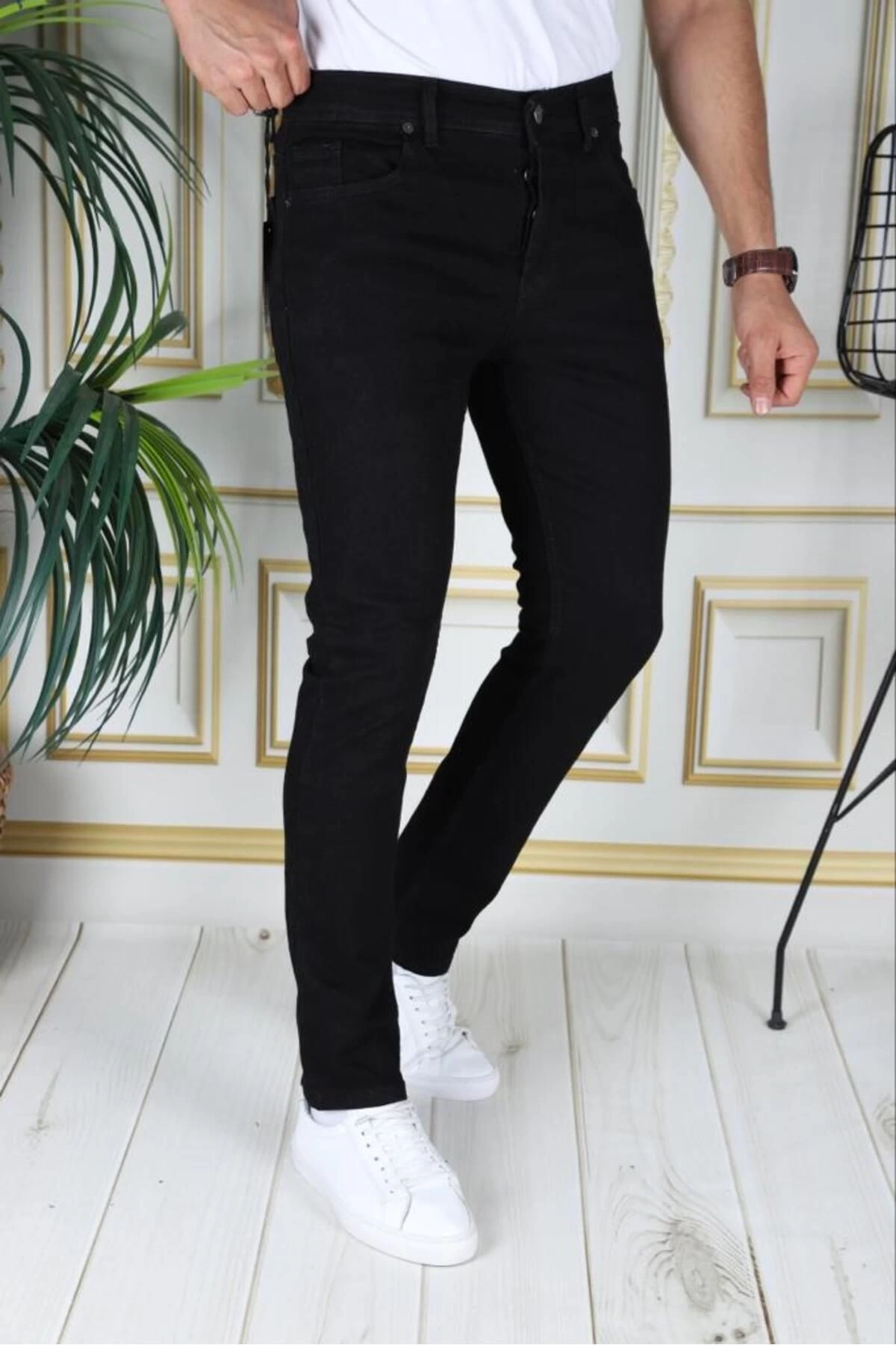 Siyah Slim Fit Likralı Erkek Kot Pantolon Dar Kesim Esnek Jean Normal Bel Phantom Jeans