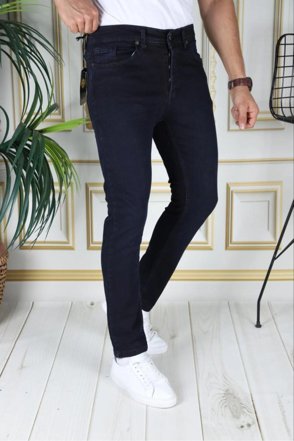 Erkek Lacivert Slim Fit Kot Pantolon Likralı Esnek Jean Phantom Jeans