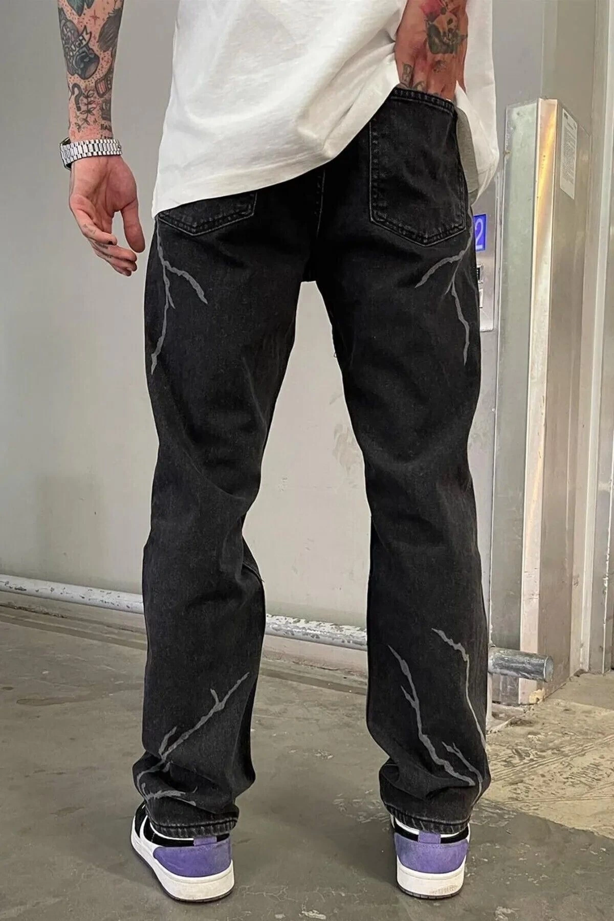 Baggy Fit Şimşek/yıldırım Desenli Koyu Gri Kot Pantolon Denim Oversize Phantom Jeans Sokak Stili