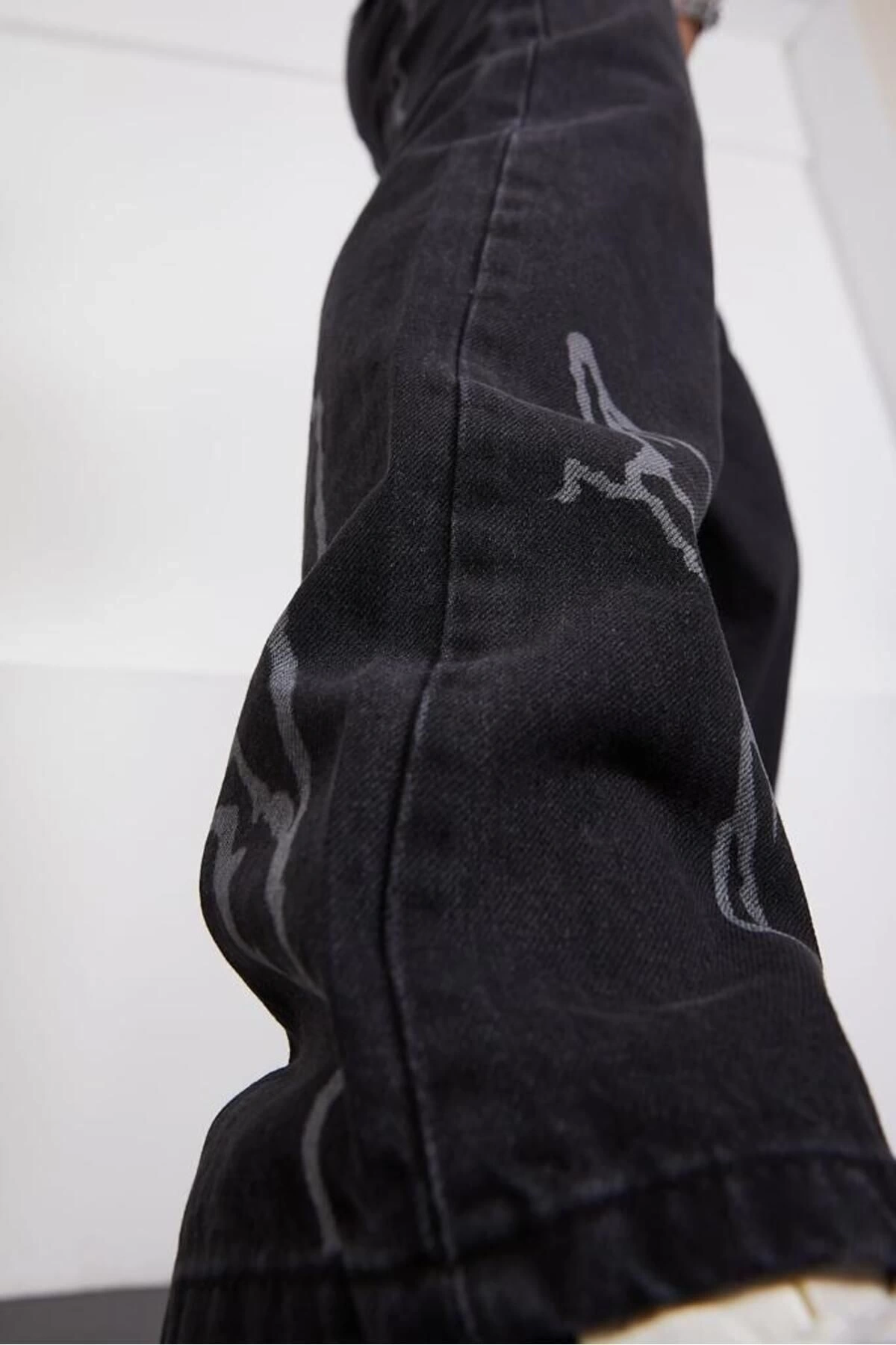 Baggy Fit Şimşek/yıldırım Desenli Koyu Gri Kot Pantolon Denim Oversize Phantom Jeans Sokak Stili