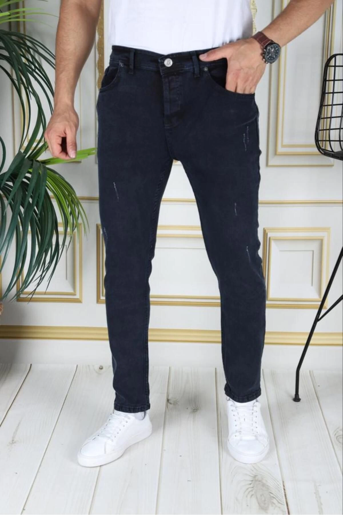 Lacivert Erkek Skinny Fit Dar Kesim Kot Pantolon Esnek Phantom Jeans Likralı Denim Jean