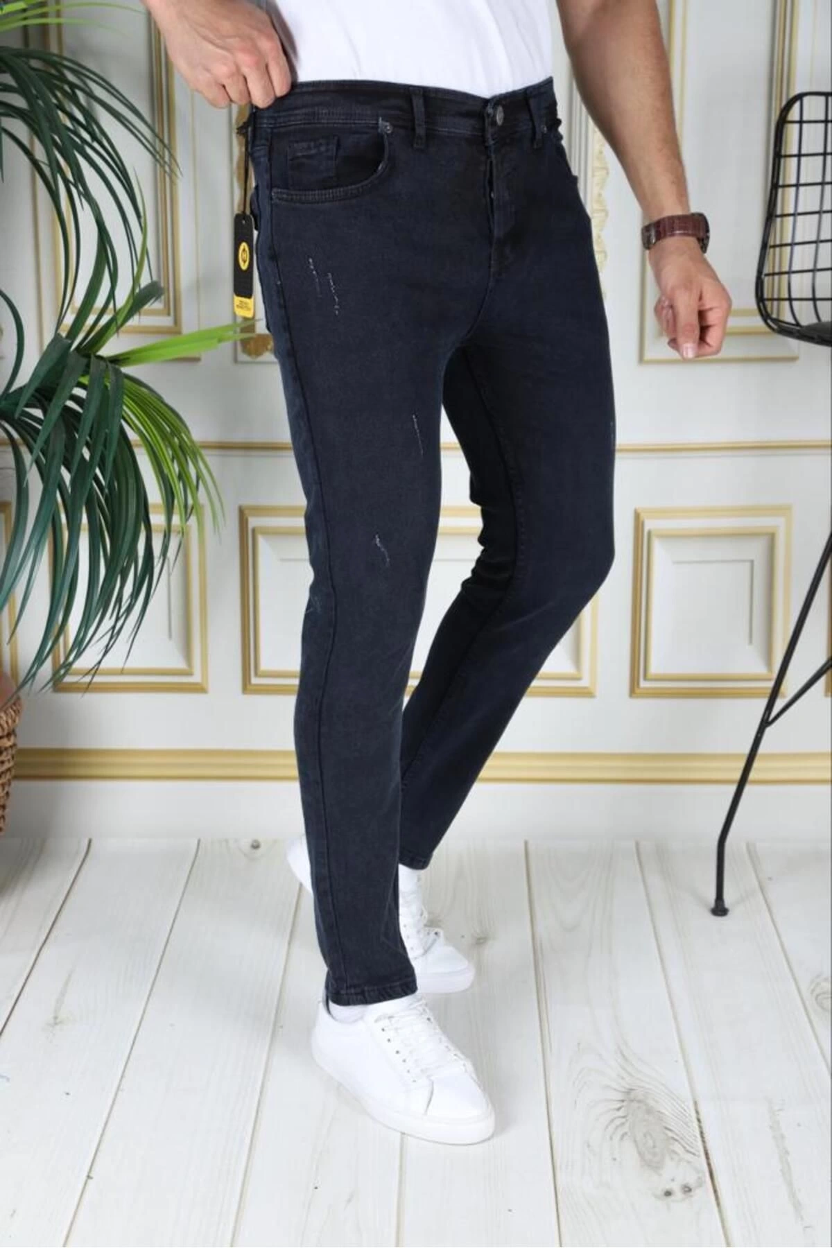 Lacivert Erkek Skinny Fit Dar Kesim Kot Pantolon Esnek Phantom Jeans Likralı Denim Jean