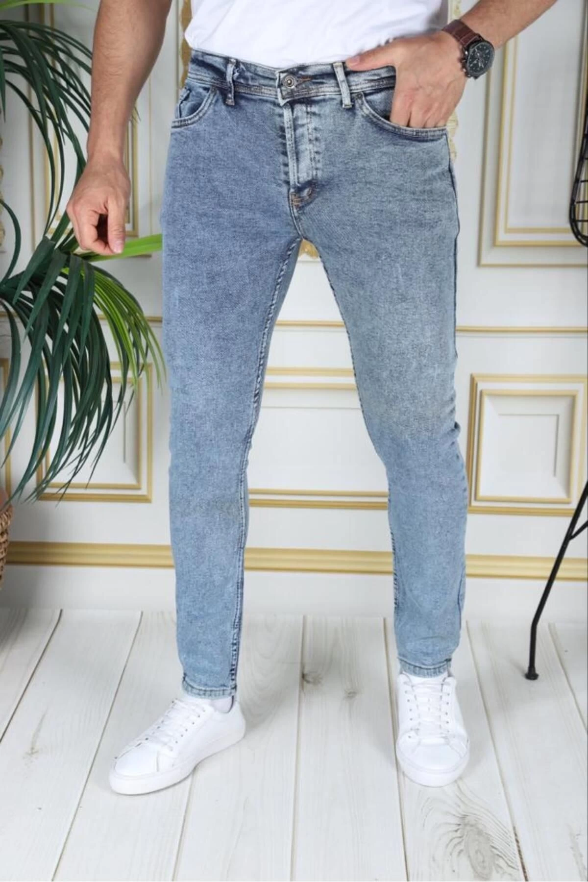Mavi Kar Yıkama Likralı Slim Fit Erkek Kot Pantolon Denim Jean Dar Kesim Pamuklu