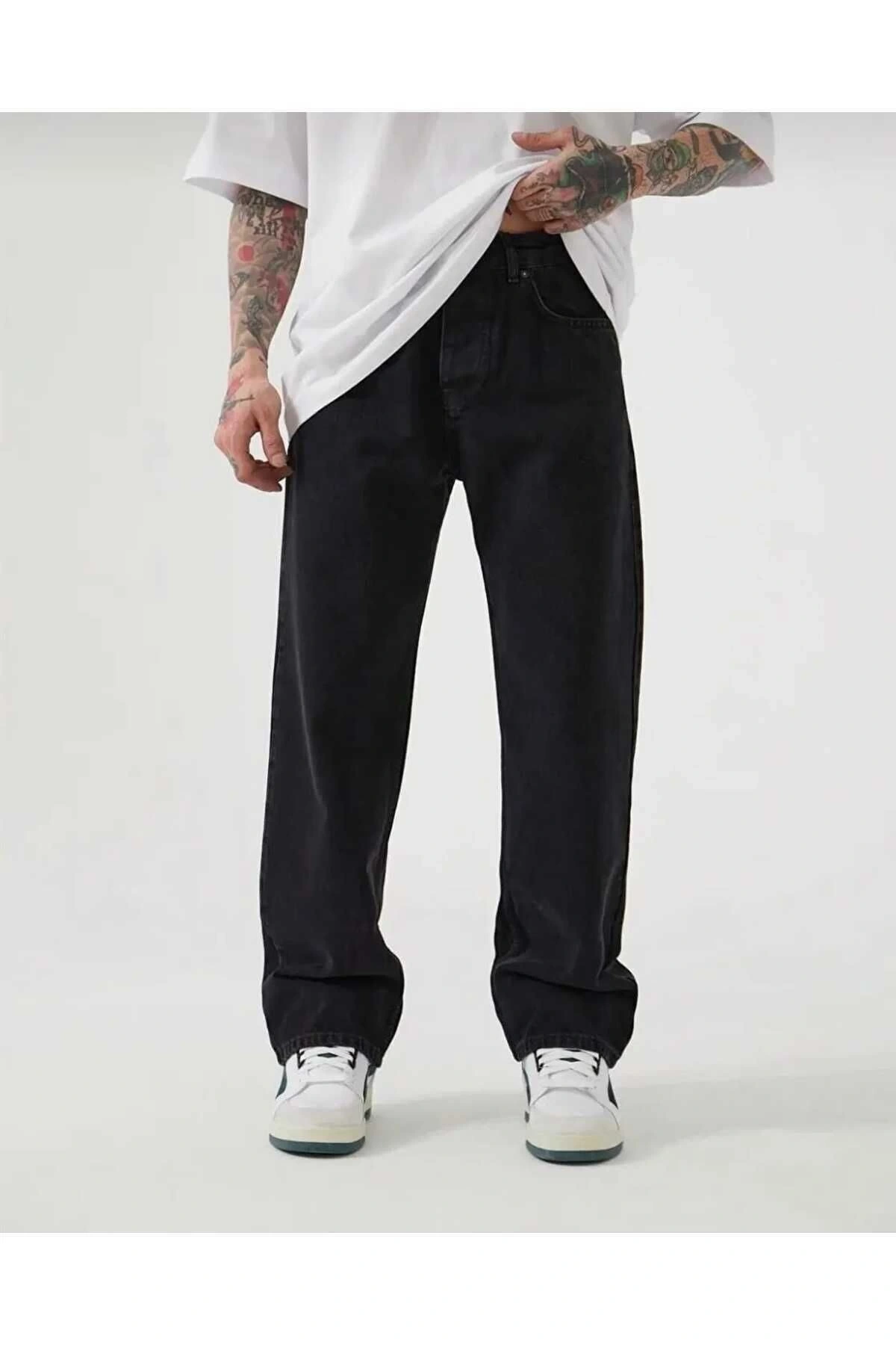 Siyah Baggy Fit Kot Pantolon Geniş Paça Rahat Kesim Normal Bel Oversize Düz Phantom Jeans By Macera