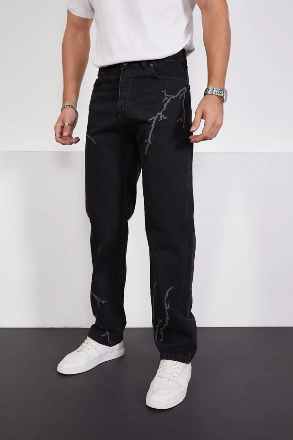 Siyah Şimşek-yıldırım Desenli Baggy Kot Pantolon Oversize Jeans Lazer Baskılı Phantom Jeans