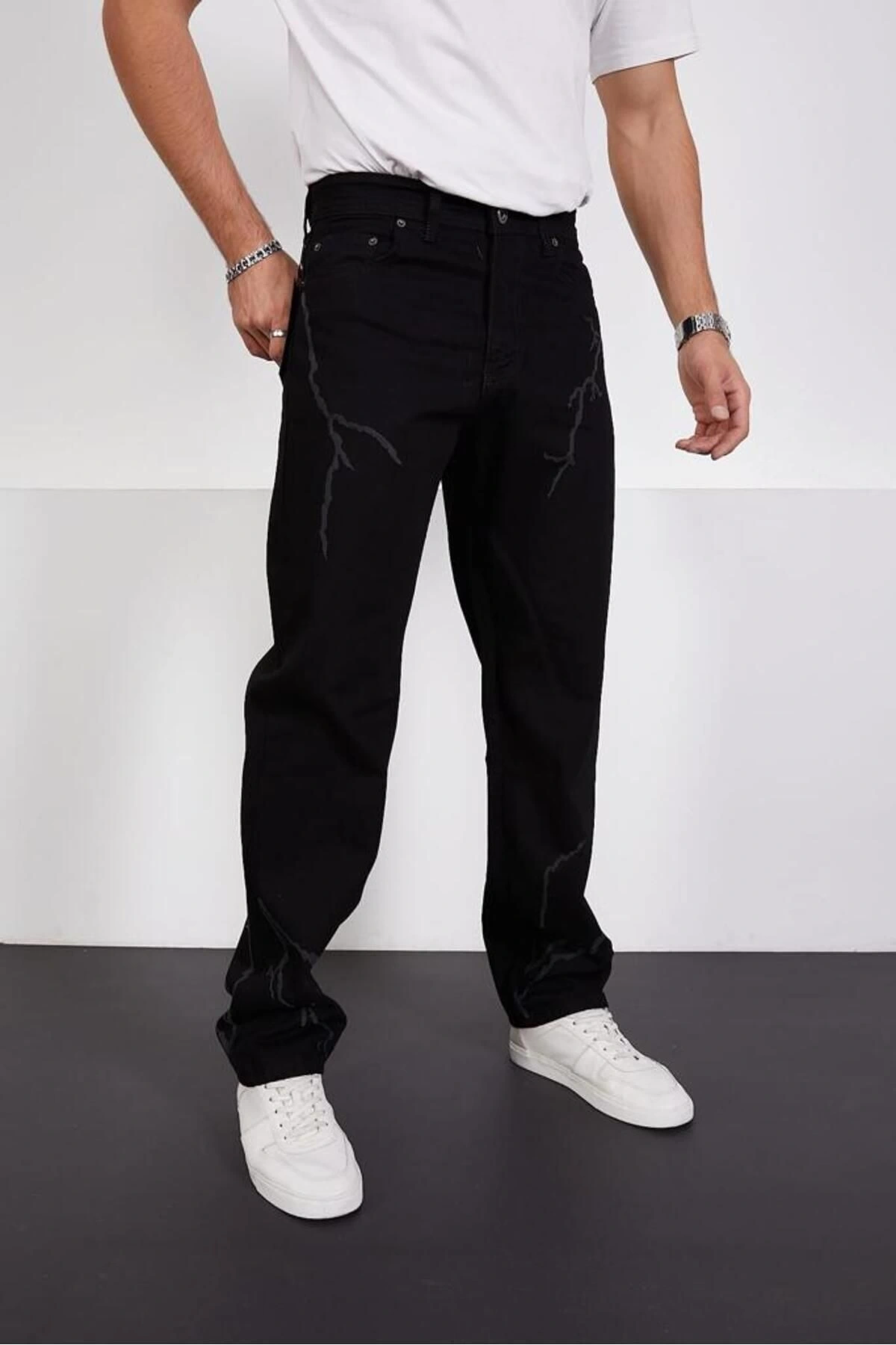 Siyah Şimşek-yıldırım Desenli Baggy Kot Pantolon Oversize Jeans Lazer Baskılı Phantom Jeans
