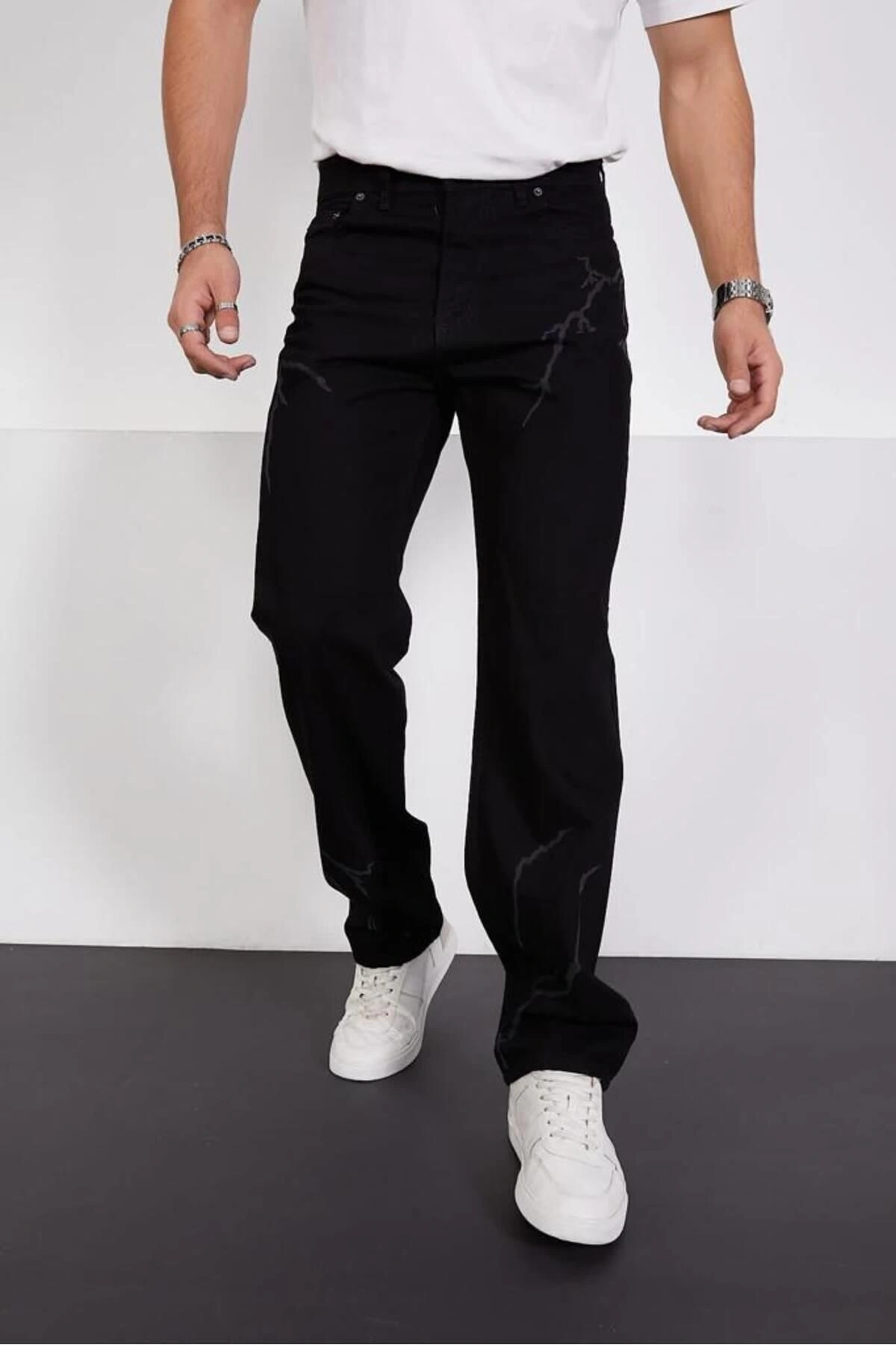 Siyah Şimşek-yıldırım Desenli Baggy Kot Pantolon Oversize Jeans Lazer Baskılı Phantom Jeans