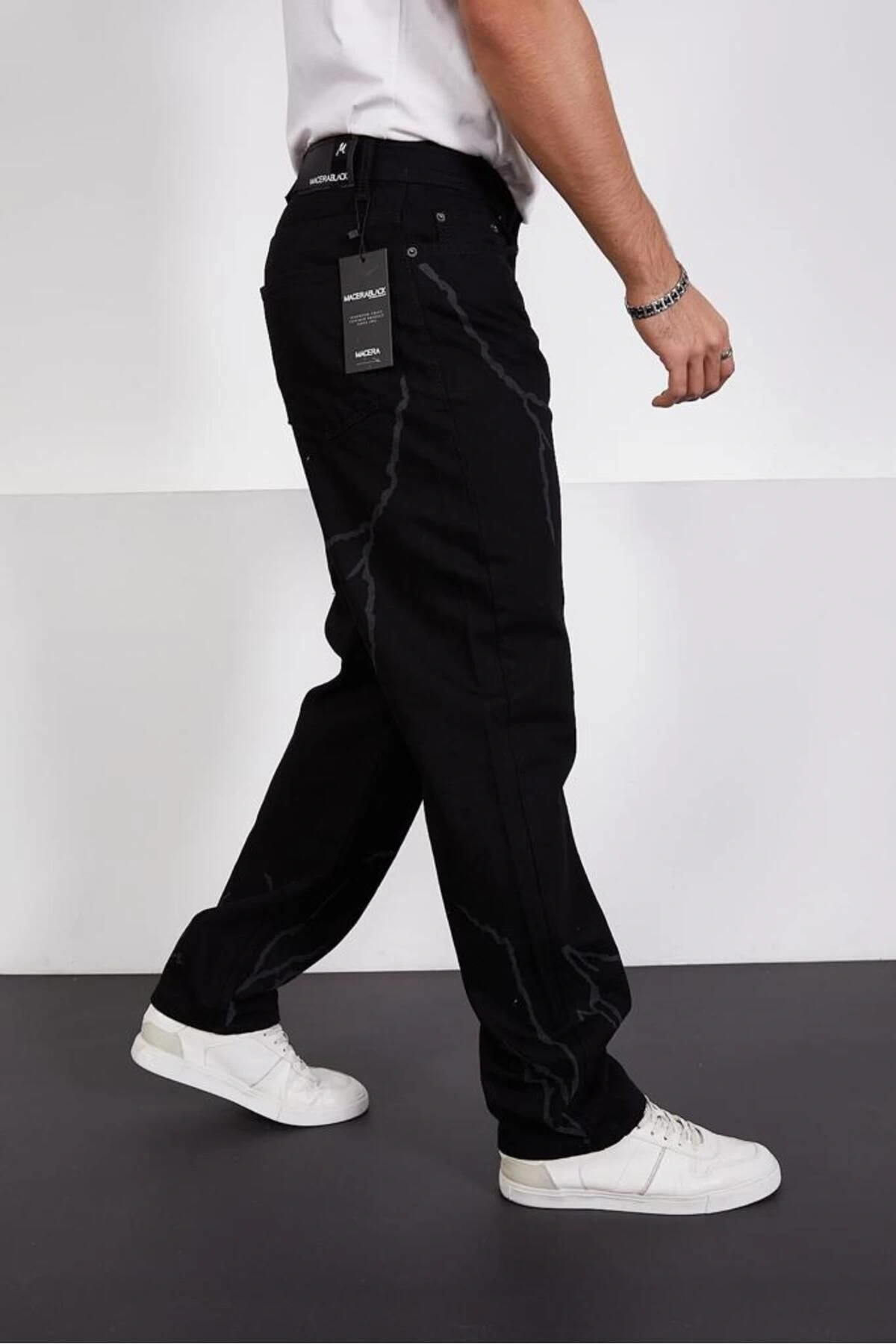 Siyah Şimşek-yıldırım Desenli Baggy Kot Pantolon Oversize Jeans Lazer Baskılı Phantom Jeans